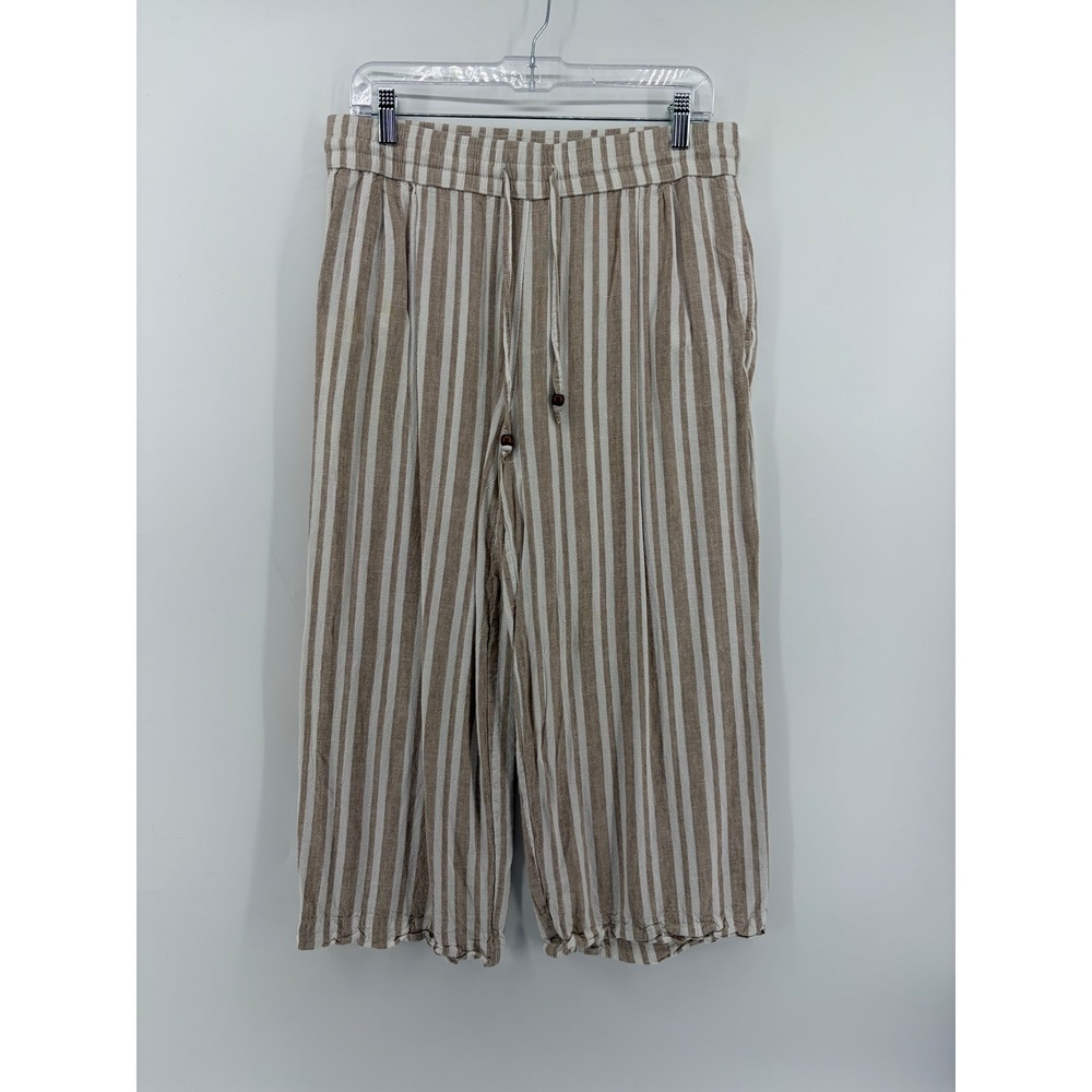 Land 'n Sea Striped Wide Leg Cropped Pants Tan Women Size‎ M Linen Blend
